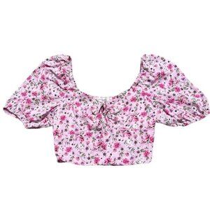 Pink Floral Puff Sleeve Babydoll Milkmaid Crop Top XS